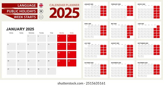 2025 Calendar Planner Design, la semana comienza a partir del lunes.