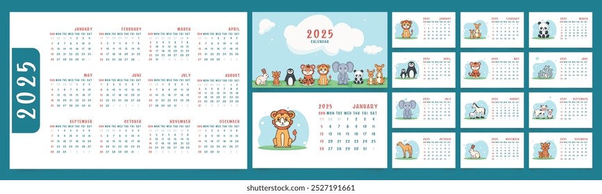 2025 Calendar or planner for kids. Cute animal character. Editable vector illustration, set of 12 monthly cover pages. Week starts on Sunday.