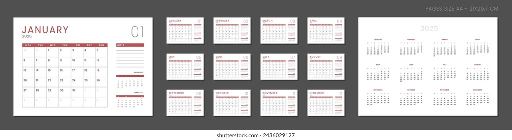 Plantilla de planificador de calendario 2025. Diseño vectorial de un calendario simple de pared o escritorio con inicio de semana el lunes. Cuadrícula del calendario en color gris para impresión. Página para tamaño A4 -21x29.7 cm