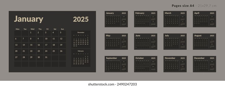 Plantilla del Planificador del Calendario 2025. Vector de un calendario simple de pared o escritorio con inicio de semana el lunes. Cuadrícula del calendario en color oscuro