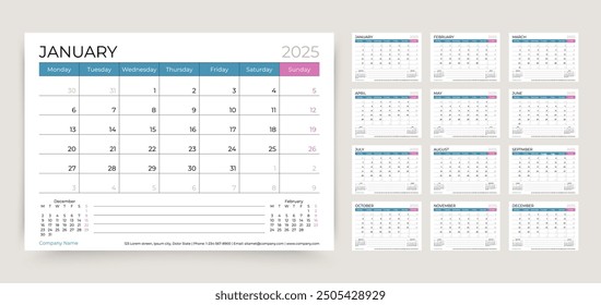 Calendario 2025. Plantilla del planificador. La semana comienza el lunes. Cuadrícula de programación de escritorio. Organizador de calendario anual. Tabla de diseño diario mensual con 12 meses. Ilustración vectorial. Tamaño de papel A5. Diseño Horizontal. 