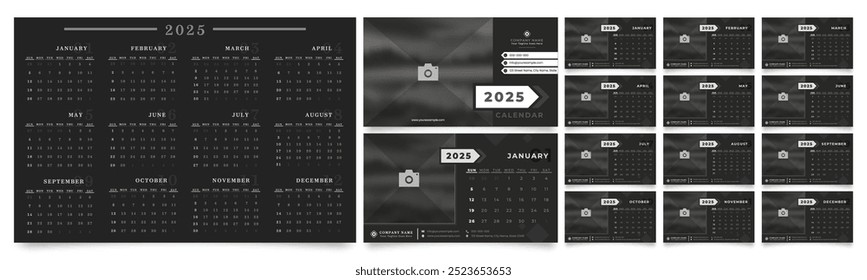 2025 calendar planner templates with monthly pages, a customizable cover for a photo and company logo, and a vector layout for wall or desk use. Weeks start on Monday, ready for print.