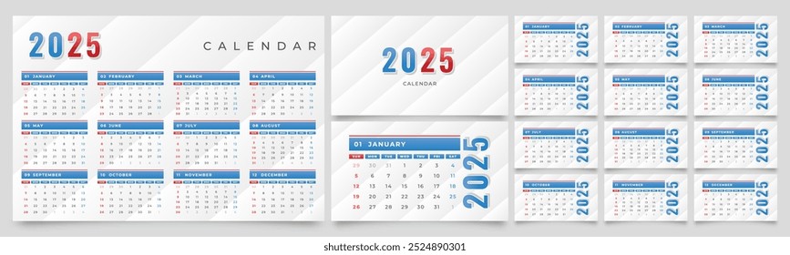 2025 calendar planner templates with monthly pages with text space, and a vector layout for wall or desk use. Weeks start on Monday, ready for print.