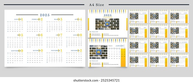 2025 calendar planner templates with monthly pages, a customizable cover for a photo and company logo, and a vector layout for wall or desk use. Weeks start on Monday, ready for print.