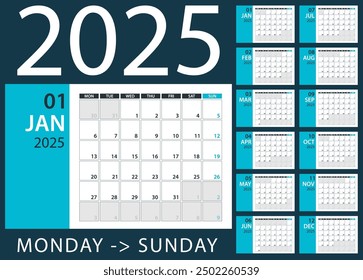 2025 Calendar Planner - Vector. Template Mock up