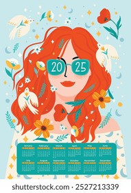 2025 calendário com retrato de menina com pássaros e flores. Ilustração artística em. Modelo de design vetorial