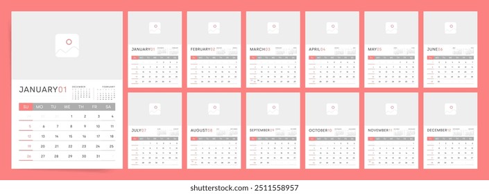 2025 Calendar. Red and White Monthly Layout with Image Placeholder and Week Starting Sunday.