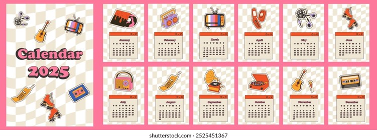 2025 calendar with Retro stickers design. Calendar planner minimal style, annual organizer