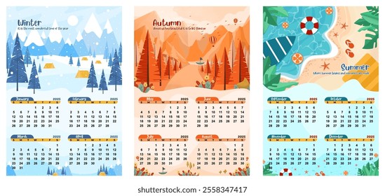 2025 Calendar with Season Design Illustration. Winter Autumn Summer Vector Art.