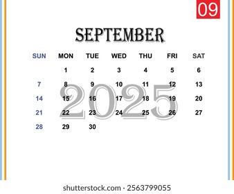2025 calendar September month. Vector printable calendar. Monthly scheduler. Week starts on Sunday. English calendar