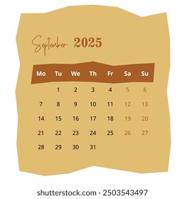 2025 Calendar: September Page on White Background. Minimalist Layout for Clear and Organized Planning. Ideal for Professional Use.