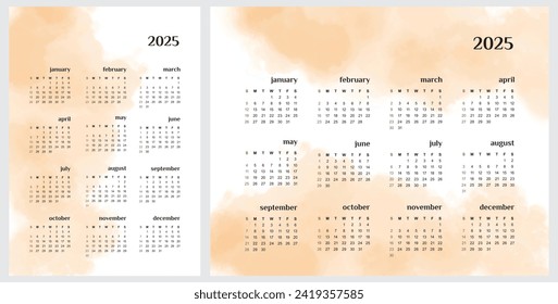 2025 Calendar. Set of 2 Simple Calendars on White Background With Light Peach Fuzz Watercolor Painting-like Stain. Vector Print with English Annual Calendar Divided Into Months. 