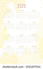 2025 Kalender Set für Personal Planer und Notebook. Warme gelbe, handgezeichnet abstrakte Flecken und Punkte, zart zart süßer Stil. Die Woche beginnt am Sonntag