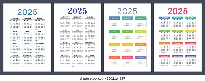 2025 calendar set. Vector pocket calender design. Week starts on Sunday. January, February, March, April, May, June, July, August, September, October, November, December
