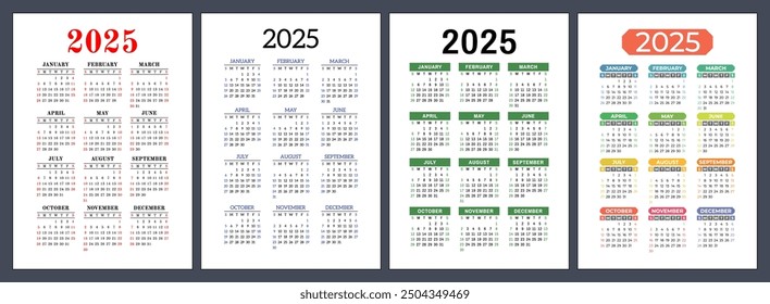 Kalendersatz 2025. Vektor Tasche Kalander Design. Die Woche beginnt am Sonntag. Januar, Februar, März, April, Mai, Juni, Juli, August, September, Oktober, November, Dezember