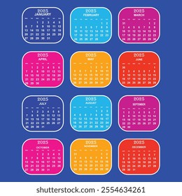 2025 calendar. simple calendar set for print, diary, app, website, UI, sticker, design element. Monthly calendar template . vector illustration. EPS 10