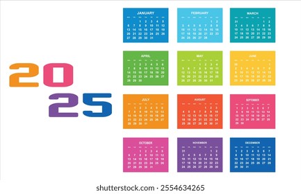 2025 calendar. simple calendar set for print, diary, app, website, UI, sticker, design element. Monthly calendar template . vector illustration. EPS 10