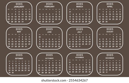 2025 calendar. simple calendar set for print, diary, app, website, UI, sticker, design element. Monthly calendar template . vector illustration. EPS 10