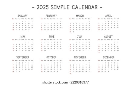 2025 calendar in simple style vector illustration. Simple classic monthly calendar design for 2025 in a clean cartoon font. The week starts Sunday. Minimalist calendar planner year 2025 template print