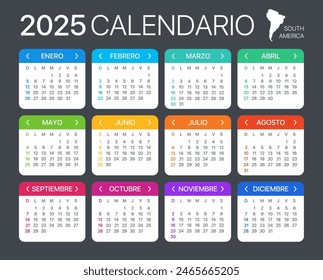 2025 calendar - Spanish South Latin American Version - Vector Template