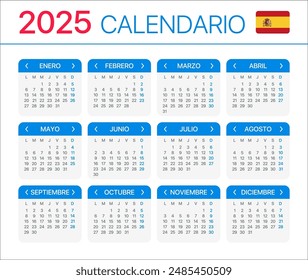 2025 calendar - Spanish South Latin American Version - Vector Template