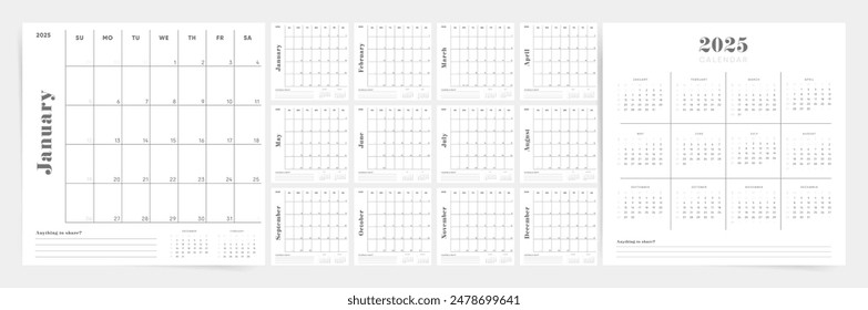 2025 Calendar square template design. Week starts on Sunday office calendar. Desktop planner in corporate clean style. Minimalism calendar template for business. English vector calendar layout.