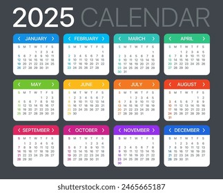 2025 calendar - Sunday to Monday - Vector Template