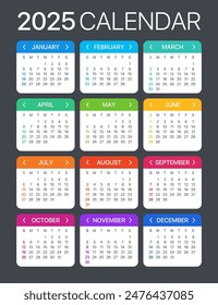 2025 calendar - Sunday to Monday - Vector Template