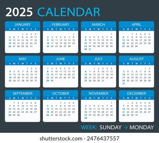 2025 calendar - Sunday to Monday - Vector template