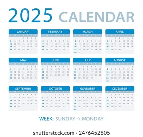 2025 calendar - Sunday to Monday - Vector template