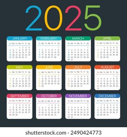 2025 calendar - Sunday to Monday - Vector template