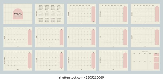 Kalender 2025, Sonntagsstart, moderner minimalistischer Monatsplaner, Wochenplaner, Agenda, Vektorgrafik, druckbar für Produktivität, Zielsetzung, Zeitmanagement und Organisation