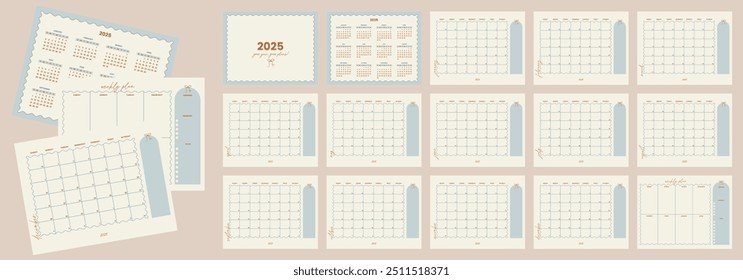 2025 calendar, Sunday start, modern romantic monthly planner, weekly planner inspired by coquette core, playful and elegant design, US paper format