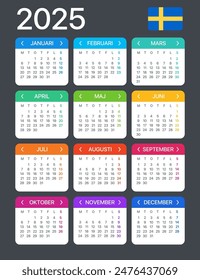 2025 calendar - Swedish version - Vector Template