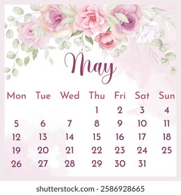 2025 Calendar template. 2025 Calendar. 2025 annual calendar template with floral.