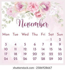 2025 Calendar template. 2025 Calendar. 2025 annual calendar template with floral.