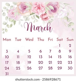 2025 Calendar template. 2025 Calendar. 2025 annual calendar template with floral.