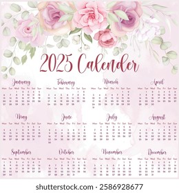 2025 Calendar template. 2025 Calendar. 2025 annual calendar template with floral.