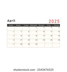 2025 calendar template. April layout with week starting on Sunday. Vector illustration