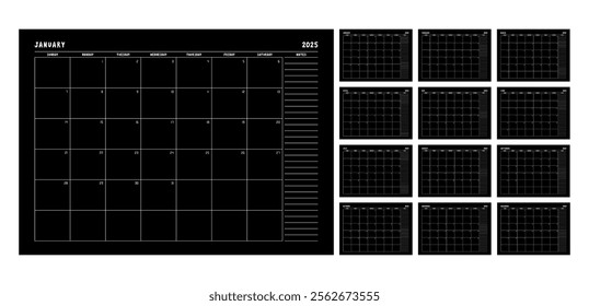 2025 calendar template with black background. Week starts on Sunday with notes.