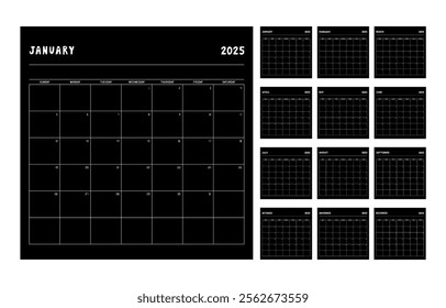 2025 calendar template with black background. Week starts on Sunday.