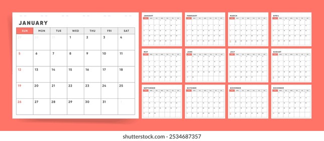 Modelo do Calendário 2025: Design do Calendário Horizontal 2025 Clássico para Uso Corporativo e de Escritório. Layouts anuais prontos para impressão com estética moderna. Planejador e Programação de Negócios Minimalista.