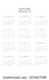 2025 calendar template in classic strict style. Monthly calendar individual schedule minimalism restrained design for business notebook. Week starts on sunday