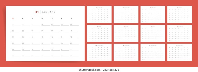 2025 Modelo Calendário: Contemporâneo 2025 Calendário Horizontal Design com Estética Moderna. Pronto para imprimir layouts anuais para uso em paredes e mesas. Planejador de Negócios e Diário Minimalista.