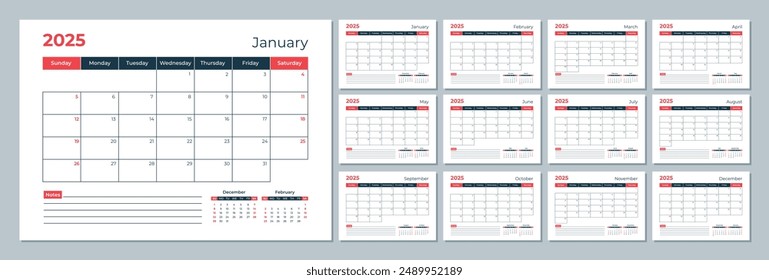 2025 calendar template. Corporate and business planner diary. The week starts on Sunday. Set of 12 months pages.
