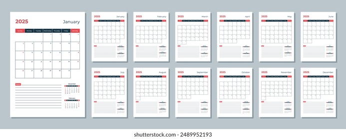 2025 calendar template. Corporate and business planner diary. The week starts on Sunday. Set of 12 months pages.