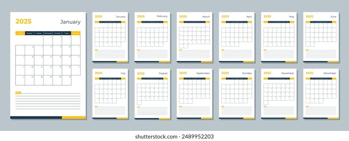 2025 calendar template. Corporate and business planner diary. The week starts on Sunday. Set of 12 months pages.