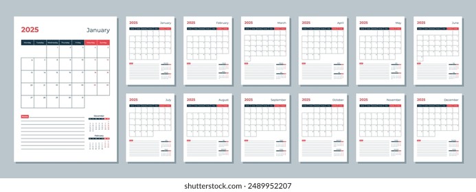 2025 calendar template. Corporate and business planner diary. The week starts on Monday. Set of 12 months pages.