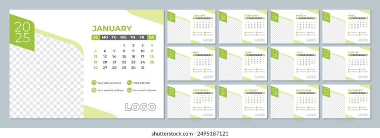 2025 calendar template. Corporate and business calendar.  The week starts on Sunday. Set of 12 calendar pages.