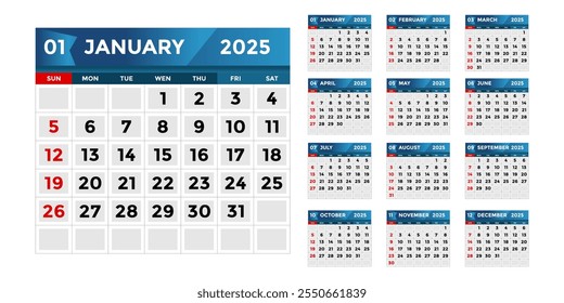 Plantilla de calendario 2025, juego de Vectores de diseño creativo de calendario 2025. Adecuado para imprimir cualquier negocio